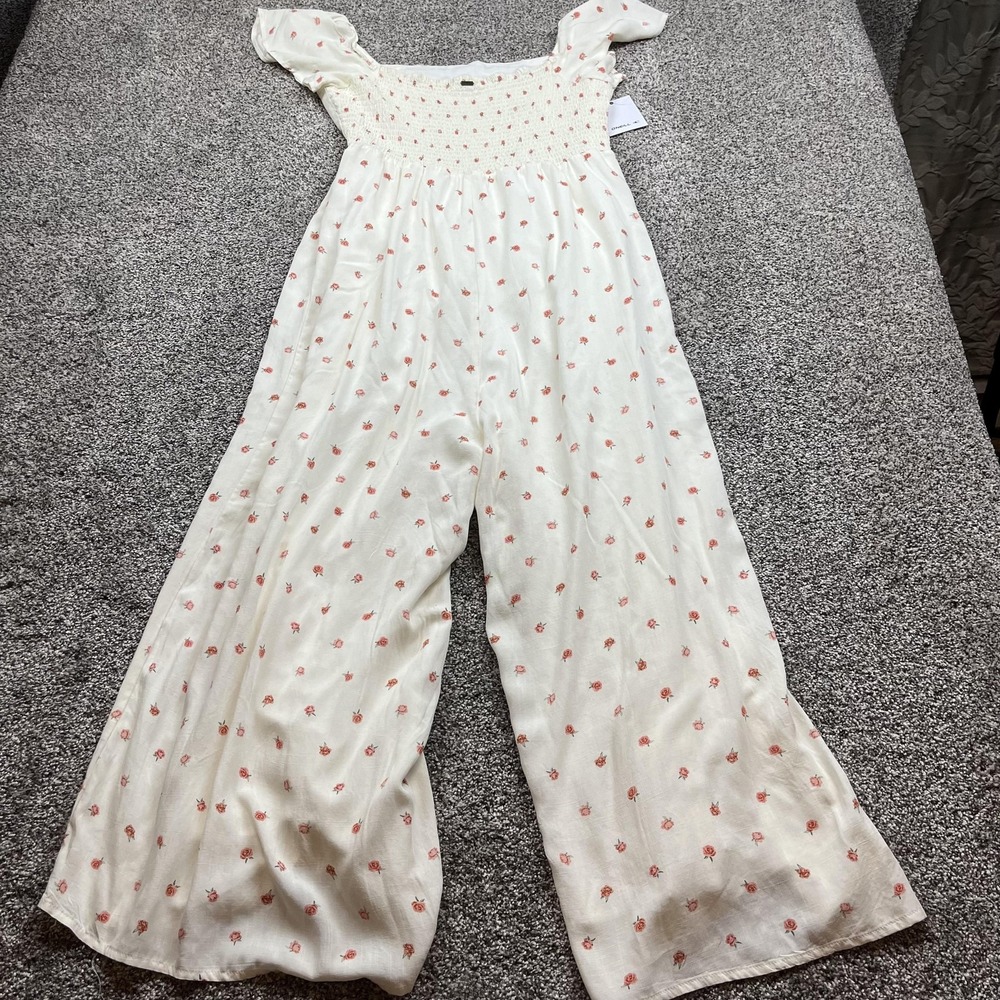 O'Neill Jumpsuit Womens XL White Floral Smocked Wide Leg Off Shoulder Summer‎
